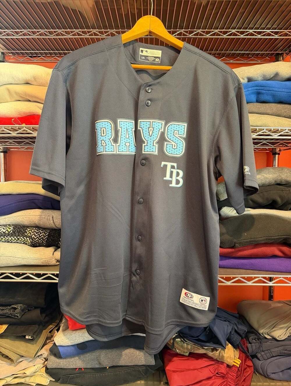 True Fan MLB Tampa Bay Rays Button Down Jersey Dark Grey Size Large